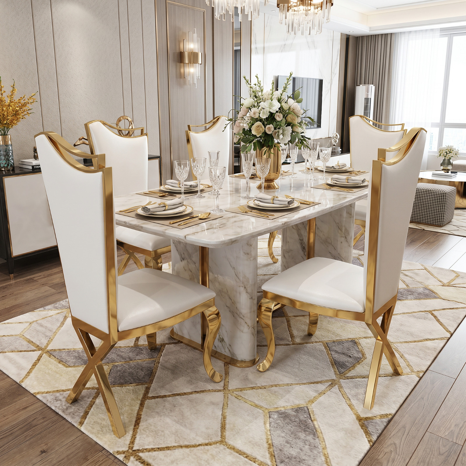 Luxury 2Set Of White Faux Leather Dining Chairs High Back Stainless Steel Chairs Luxury 2Set Of White Faux Leather Dining Chairs High Back Stainless Steel Chairs