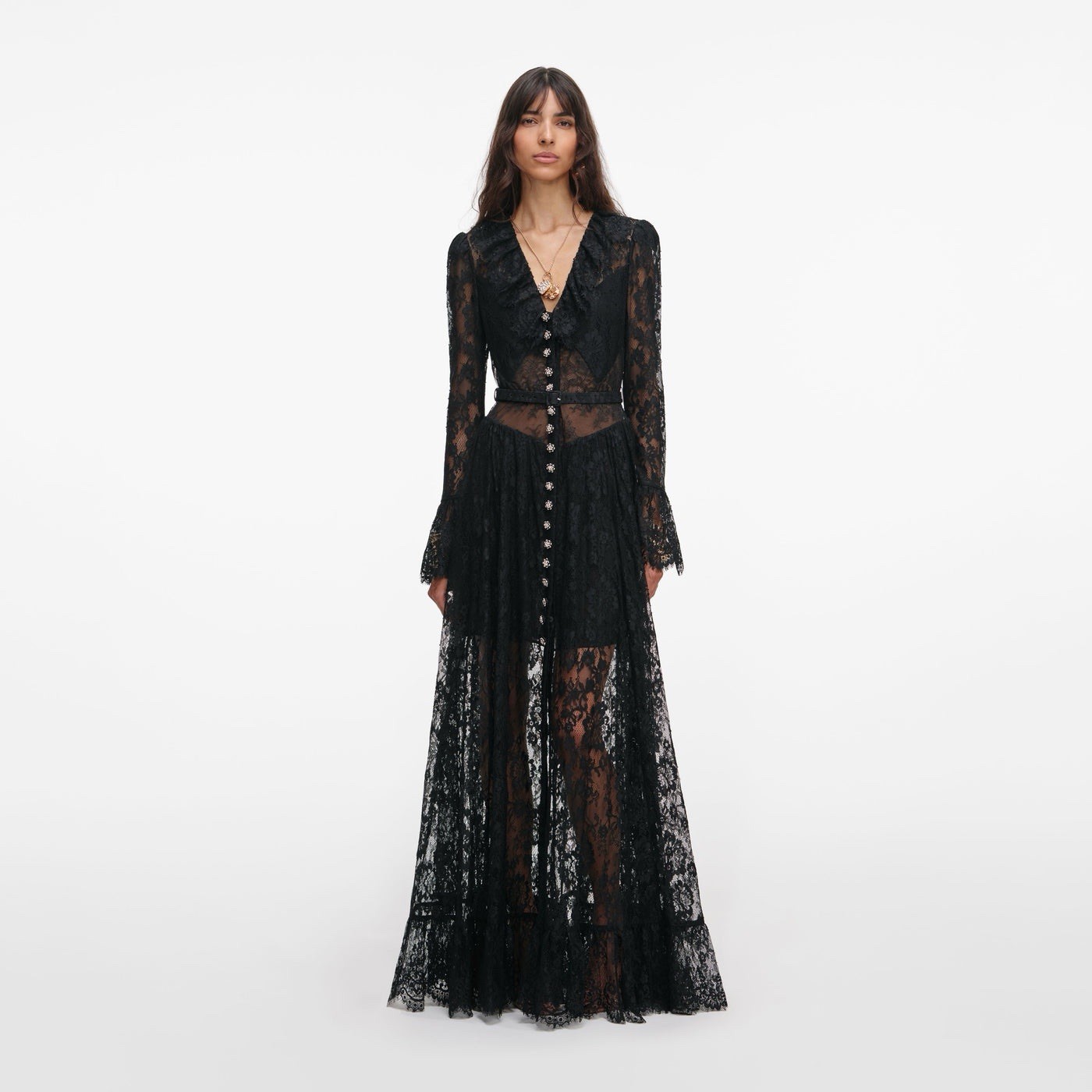 Self Portrait MAXI DRESS BLACK LACE RUFFLE $970 Size US 6 UK 10