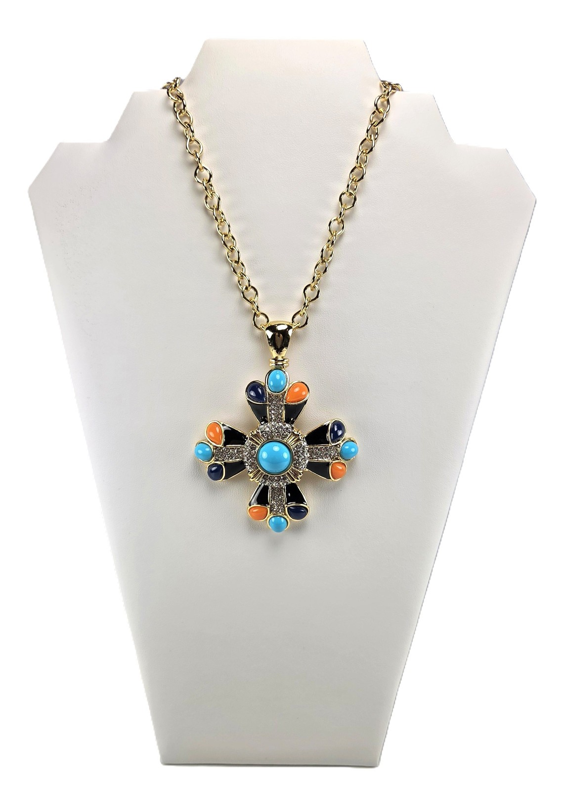 Vintage KENNETH J LANE Rhinestone Cabochon Maltese Cross Pendant Necklace Signed