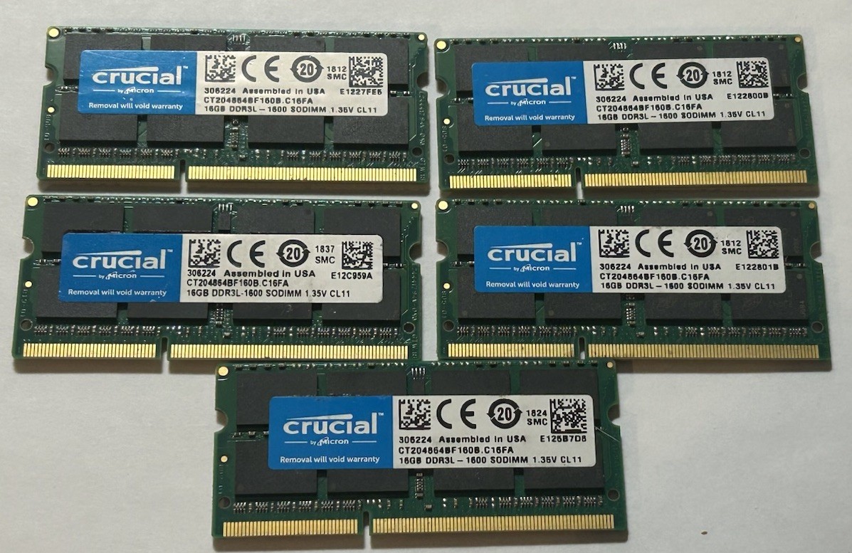 Crucial 16GB DDR3L 1600 PC3L-12800 SODIMM 204Pin Laptop RAM CT204864BF160B Qty A
