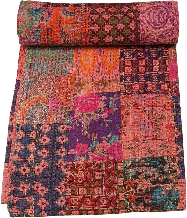 Vintage Indian Kantha Quilt, Multi  Patchwork Cotton Bedding 90X108