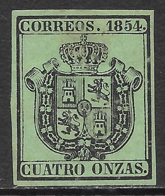 SPAIN SCOTT O3 MNG VF - 1854 4c BLACK/GREEN OFFICIAL ISSUE - COAT OF ARMS
