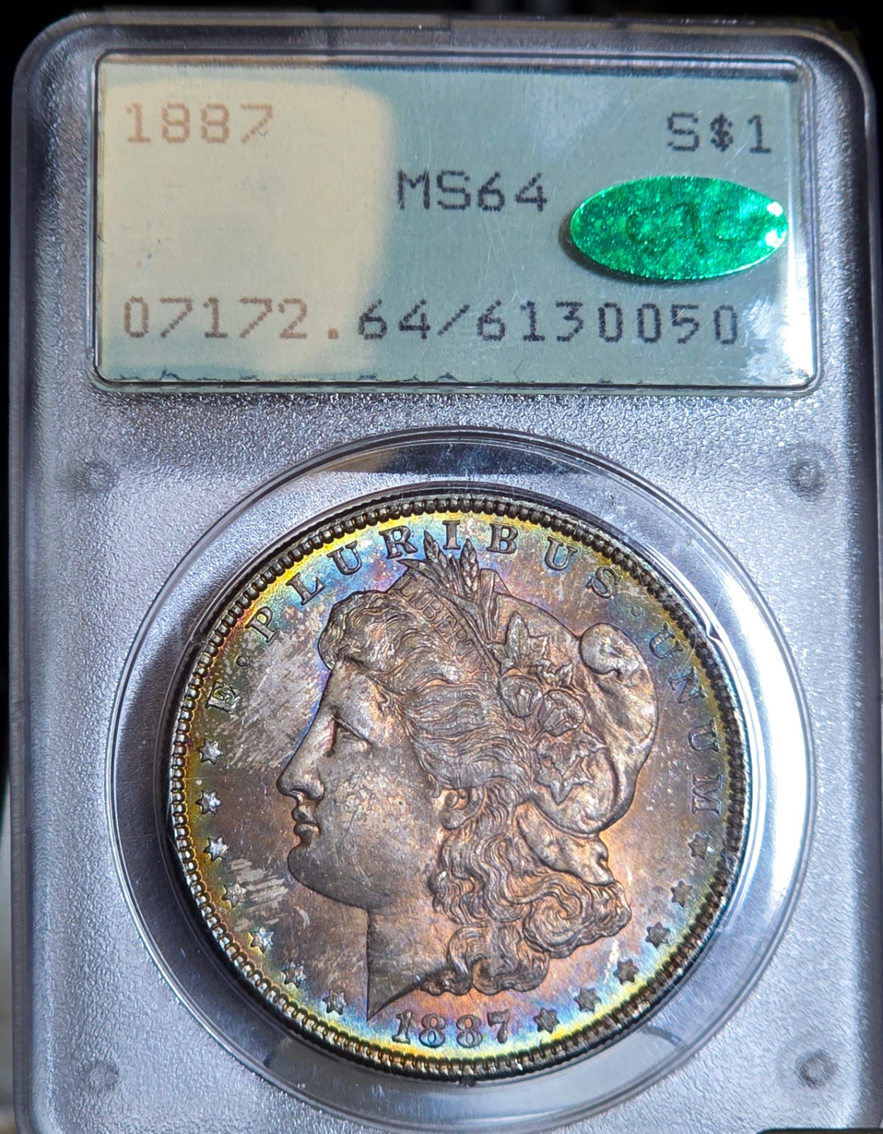 1887 $1 Morgan Silver Dollar PCGS MS64 Rainbow Toned Coin CAC Rattler Holder OGH