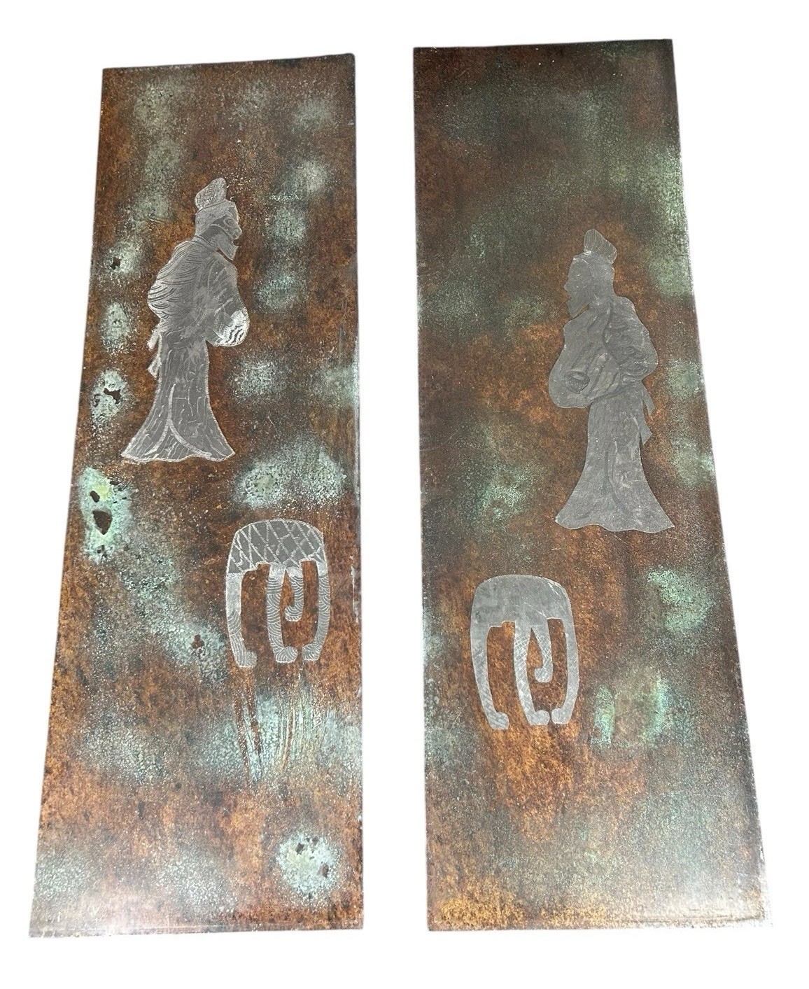 2 VTG MCM Solid Brass Door Panels 63x20 Asian Scholar & Elephant Figure Signed