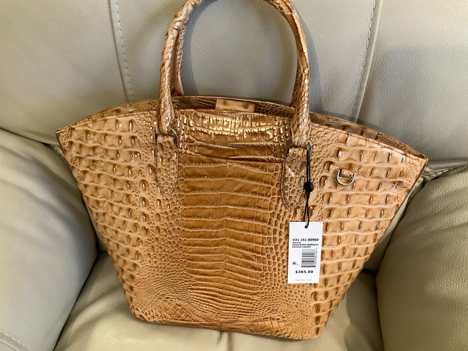 Brahmin Melbourne Crocodile Tote Bag Honey Brown Embossed Double Handles