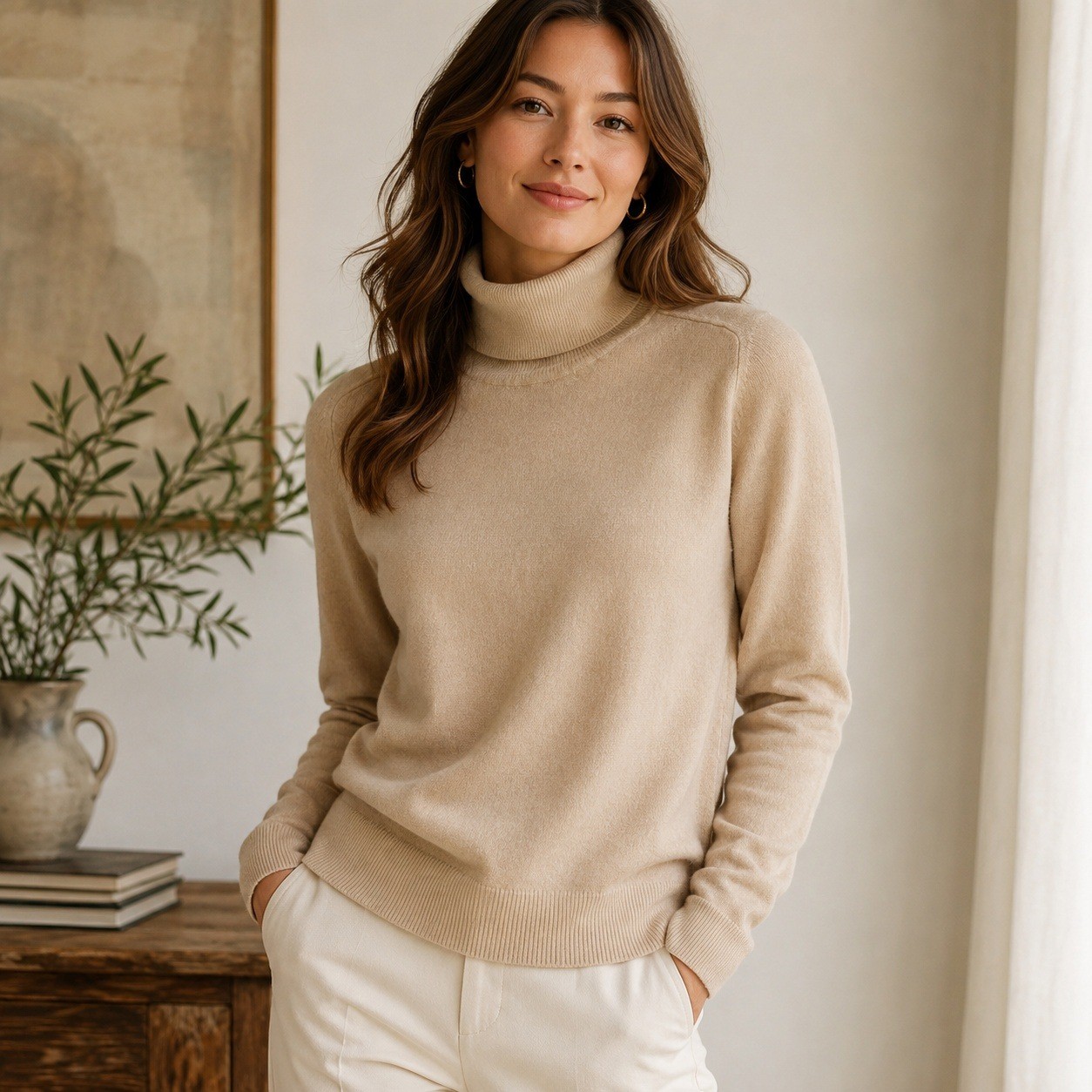 Everlane Womens Tan Cashmere Turtleneck Sweater Small Quiet Luxury Old Money