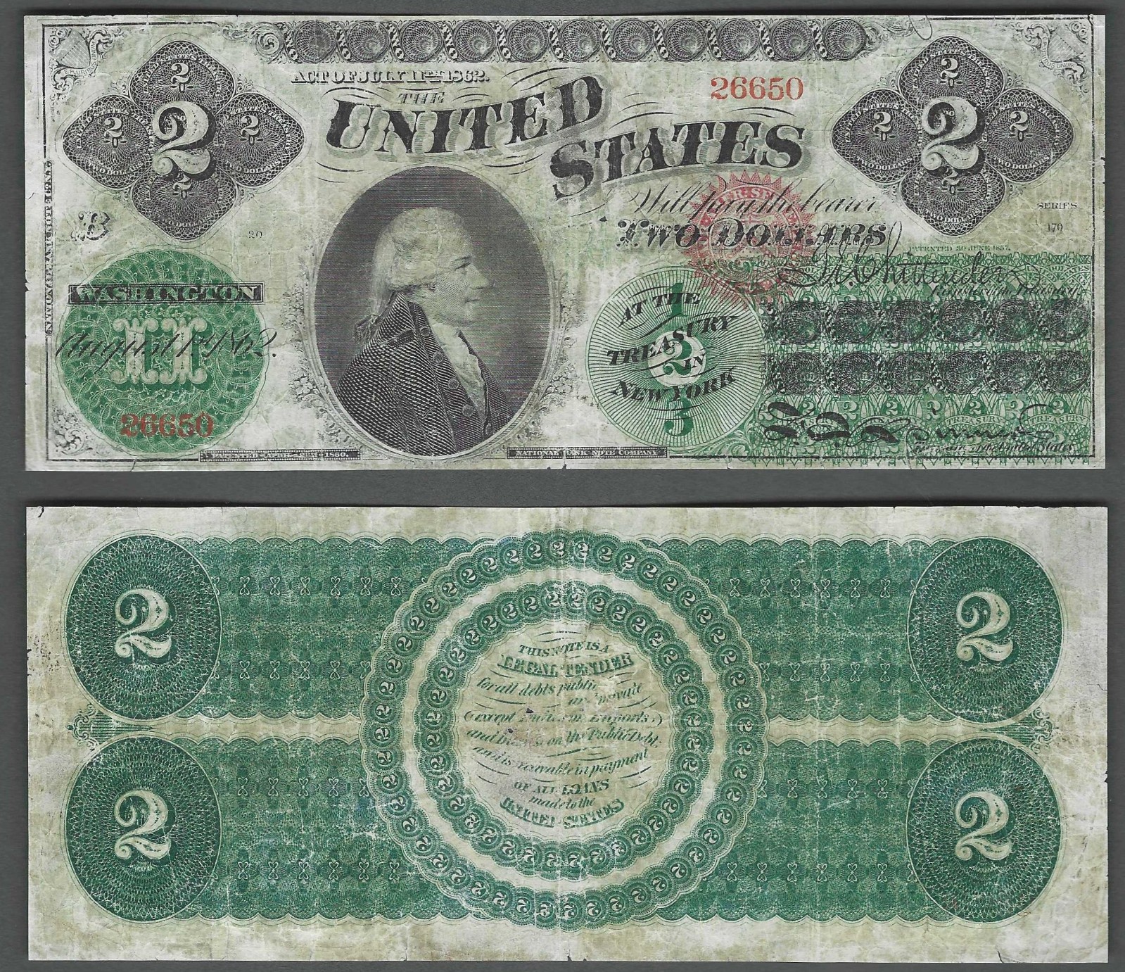 1862 $2 Large Size Legal Tender HISTORIC United States Note 1862 $2 Large Size Legal Tender HISTORIC United States Note