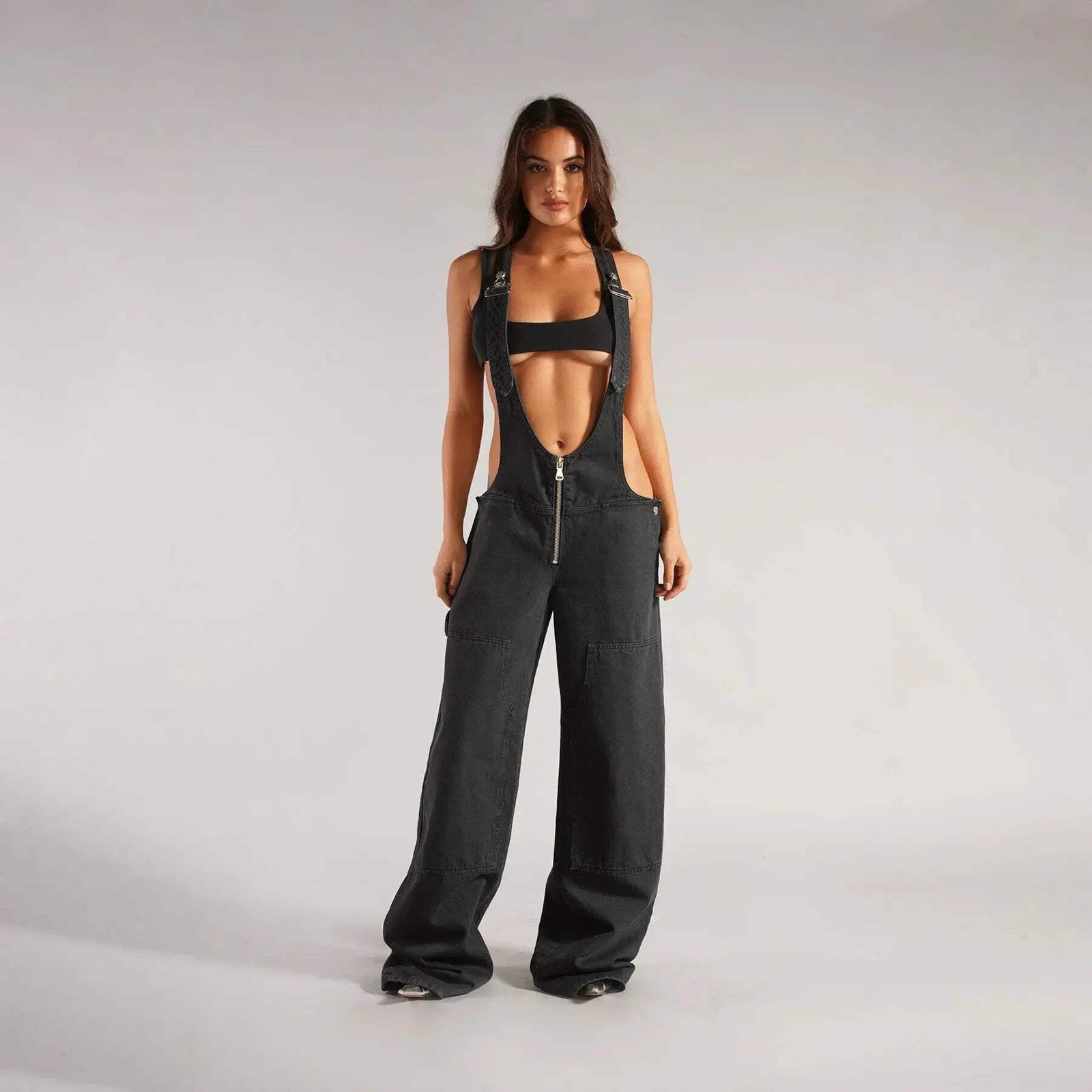 Y2K Denim Overalls Women – Zip Front Loose Fit Pocket Jumpsuit