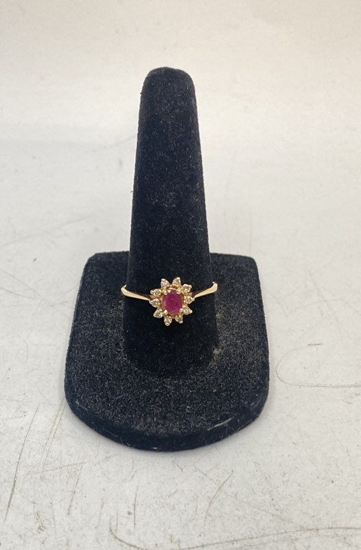 14K Yellow Gold Ruby and Diamond Sunburst Halo Ring Size 7.25