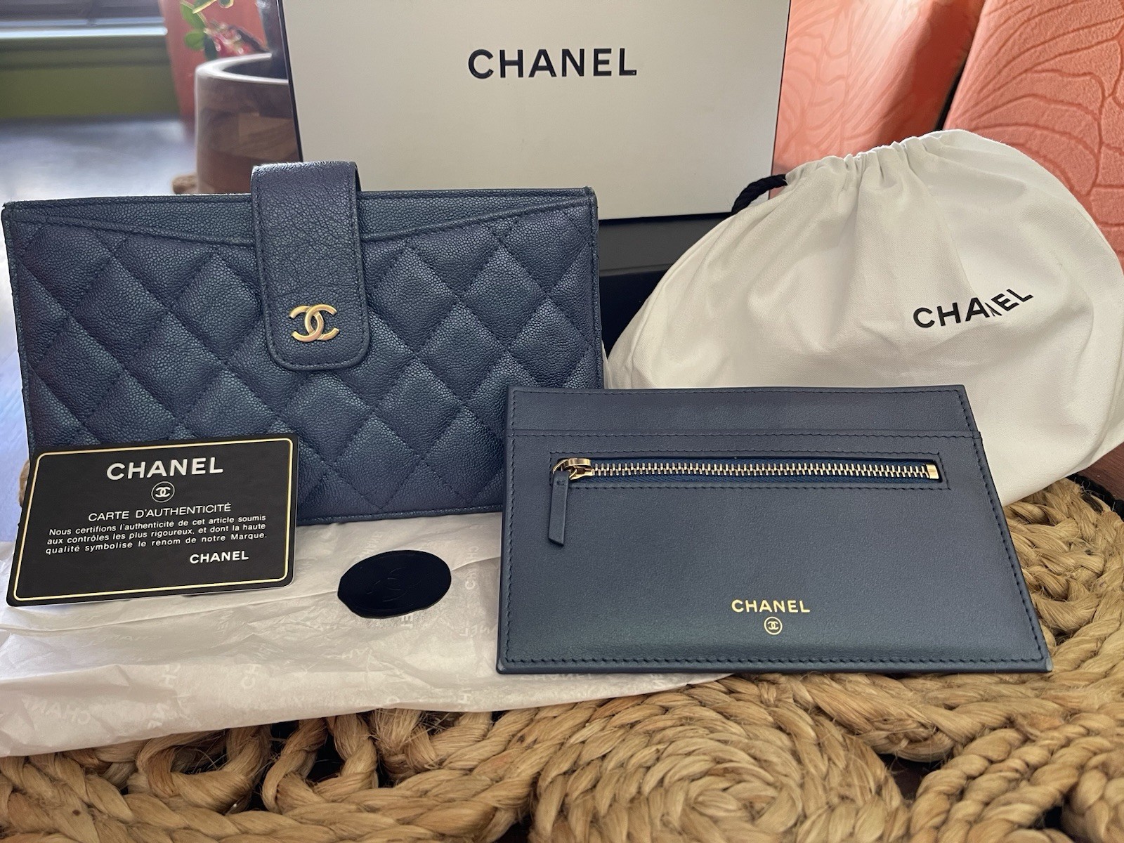 CHANEL Iridescent Quilted Blue Caviar Leather Long Wallet Authentic