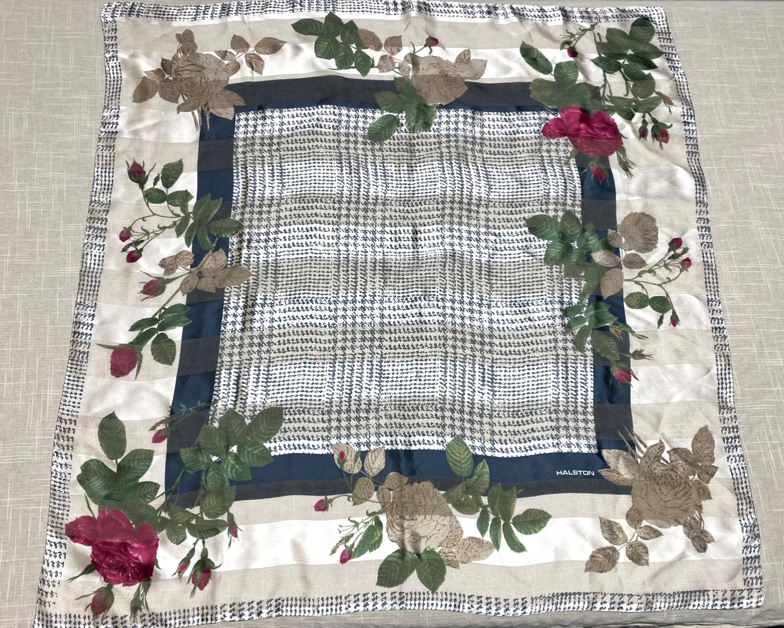 Vintage Halston Silk Scarf Houndstooth Floral Roses Striped 80s Retro 34x34 Vintage Halston Silk Scarf Houndstooth Floral Roses Striped 80s Retro 34x34