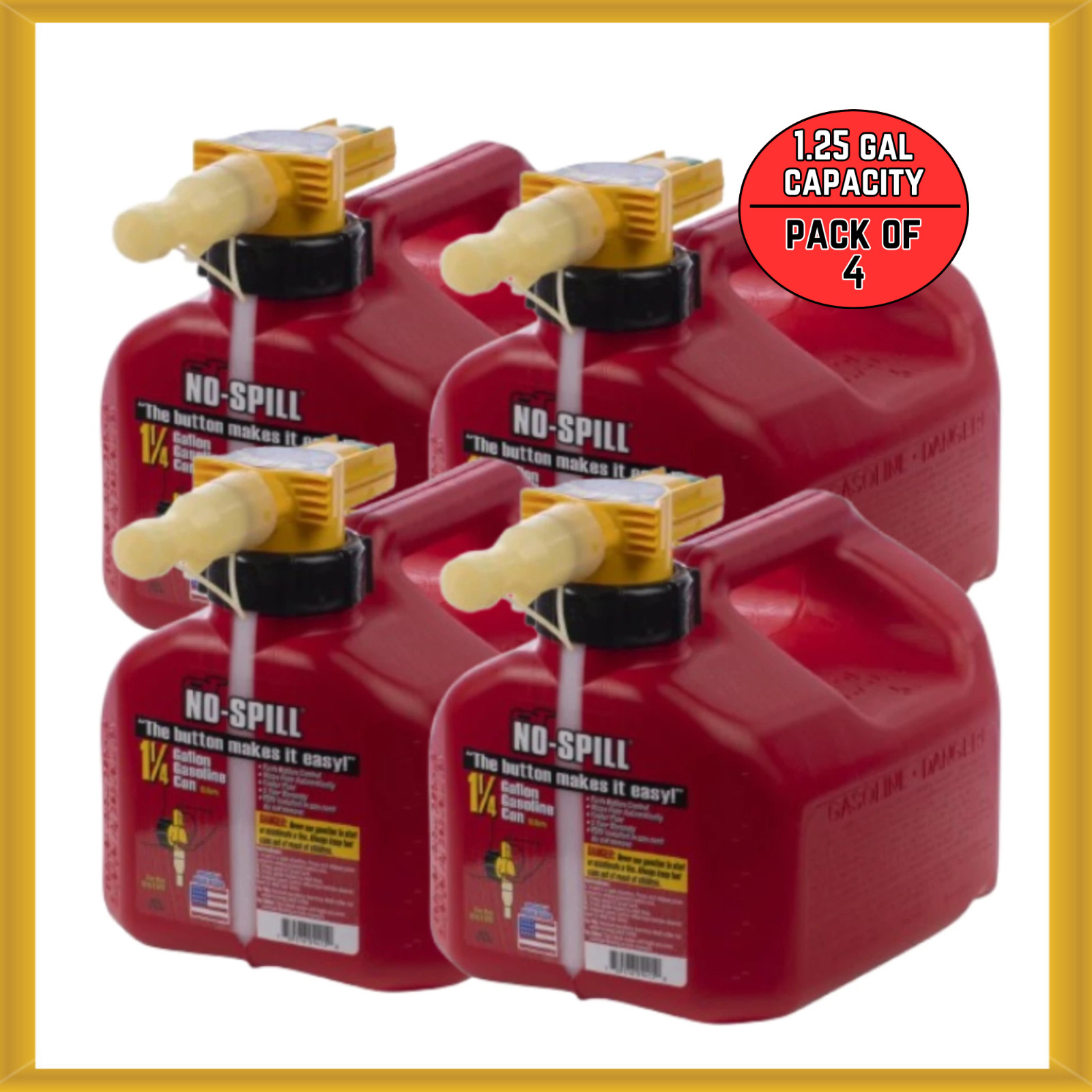 No-Spill 1.25-Gallon Gas Can Red with ViewStripe Stripe (4 PACK) NEW