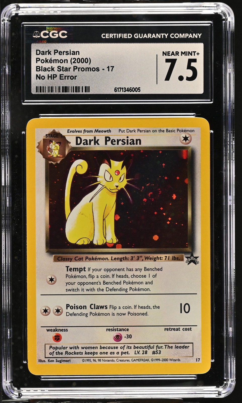 CGC 7.5 Dark Persian 17 Wotc Black Star Promo No Hp Error Holo Swirl Pokemon
