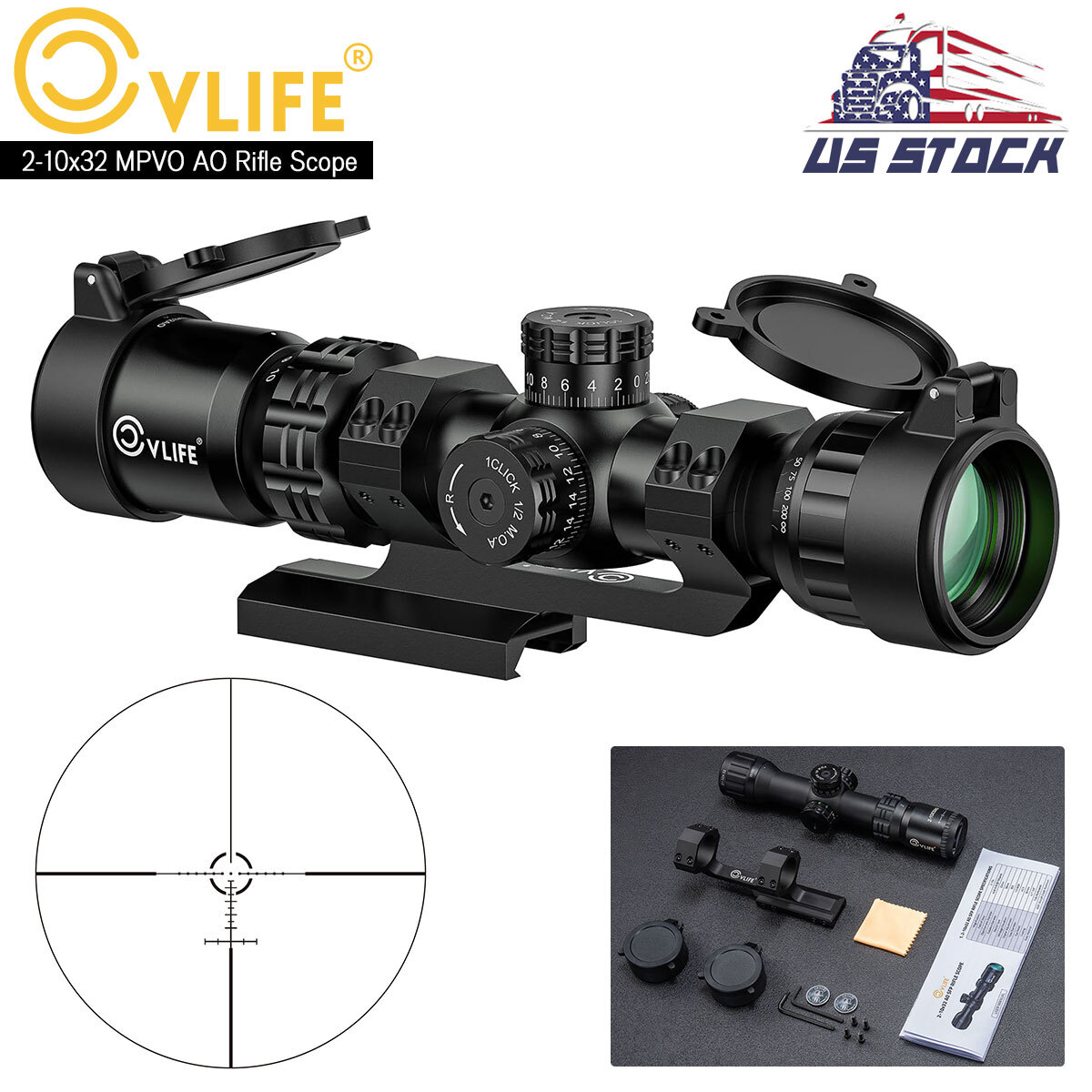 2-10x32 MPVO AO Rifle Scope + 30mm Offset Mount, Red/Green Illumination Reticle