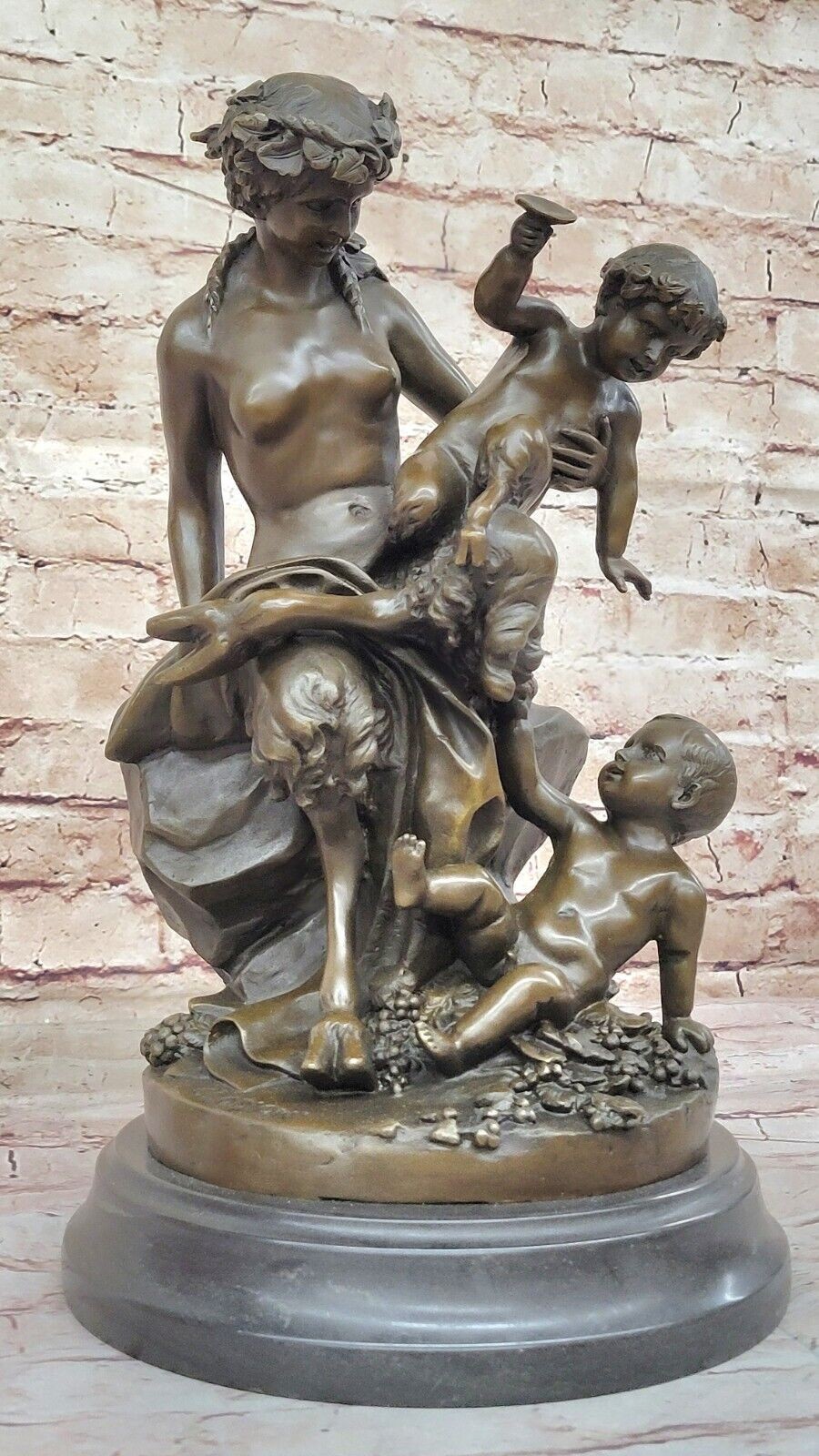 Female Satyr & Baby Satyr Bronze Sculpture: Clodion Signed Mythical Art Figurine