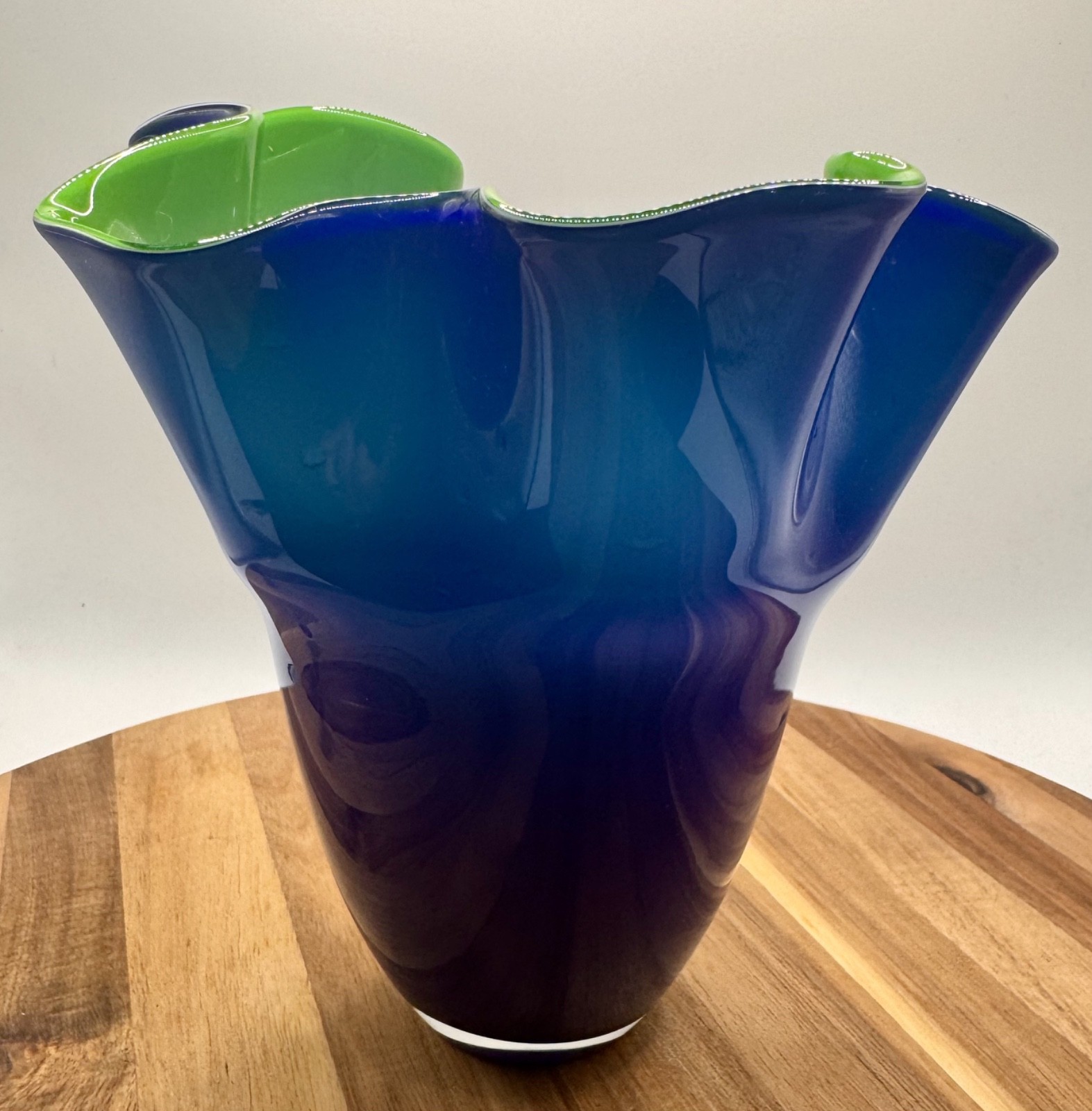 Hand Blown Blue Vase Ruffle Style - - Hand Blown Blue Vase Ruffle Style - -