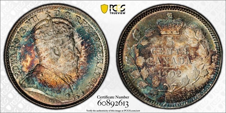 1902 Canada 5 Cents PCGS MS66 Lot#G2355 Silver Gem BU Beautiful Toning 1902 Canada 5 Cents PCGS MS66 Lot#G2355 Silver Gem BU Beautiful Toning