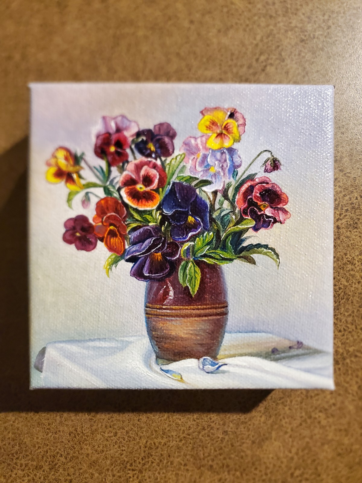 Original Oil Painting on Canvas. Still Life, Flowers Miniature, Violets in a Pot
