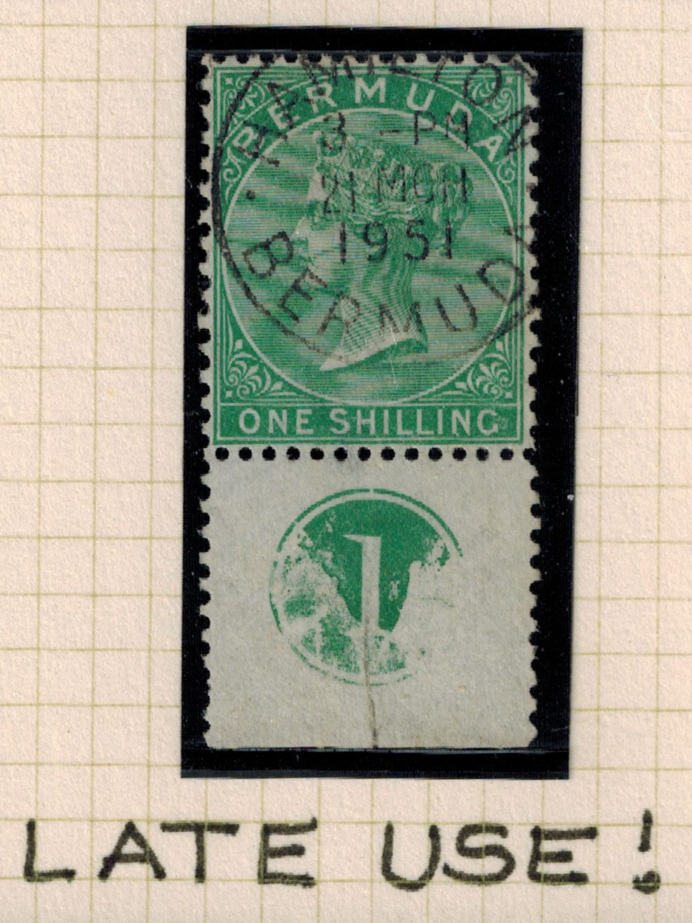 Bermuda 1893 SG 11 1/- Green Lower Margin & Control P 14 x 12 1/2 LATE USE 1951