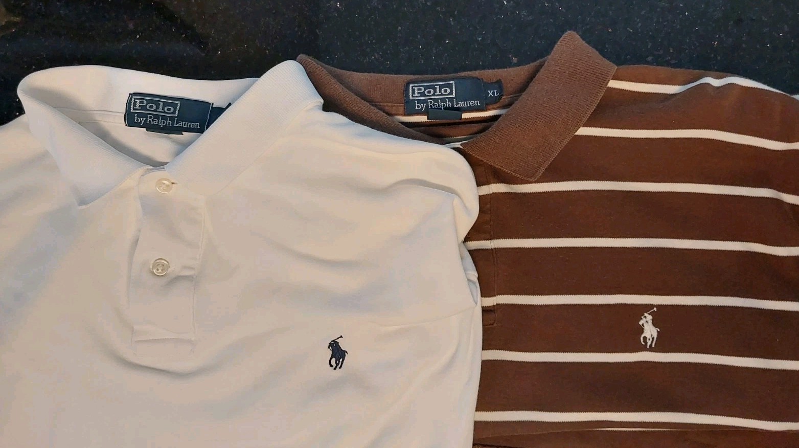 2 Soft Vintage Polo Ralph Lauren Shirts Mens XL White Pique Cotton Brown Stripe