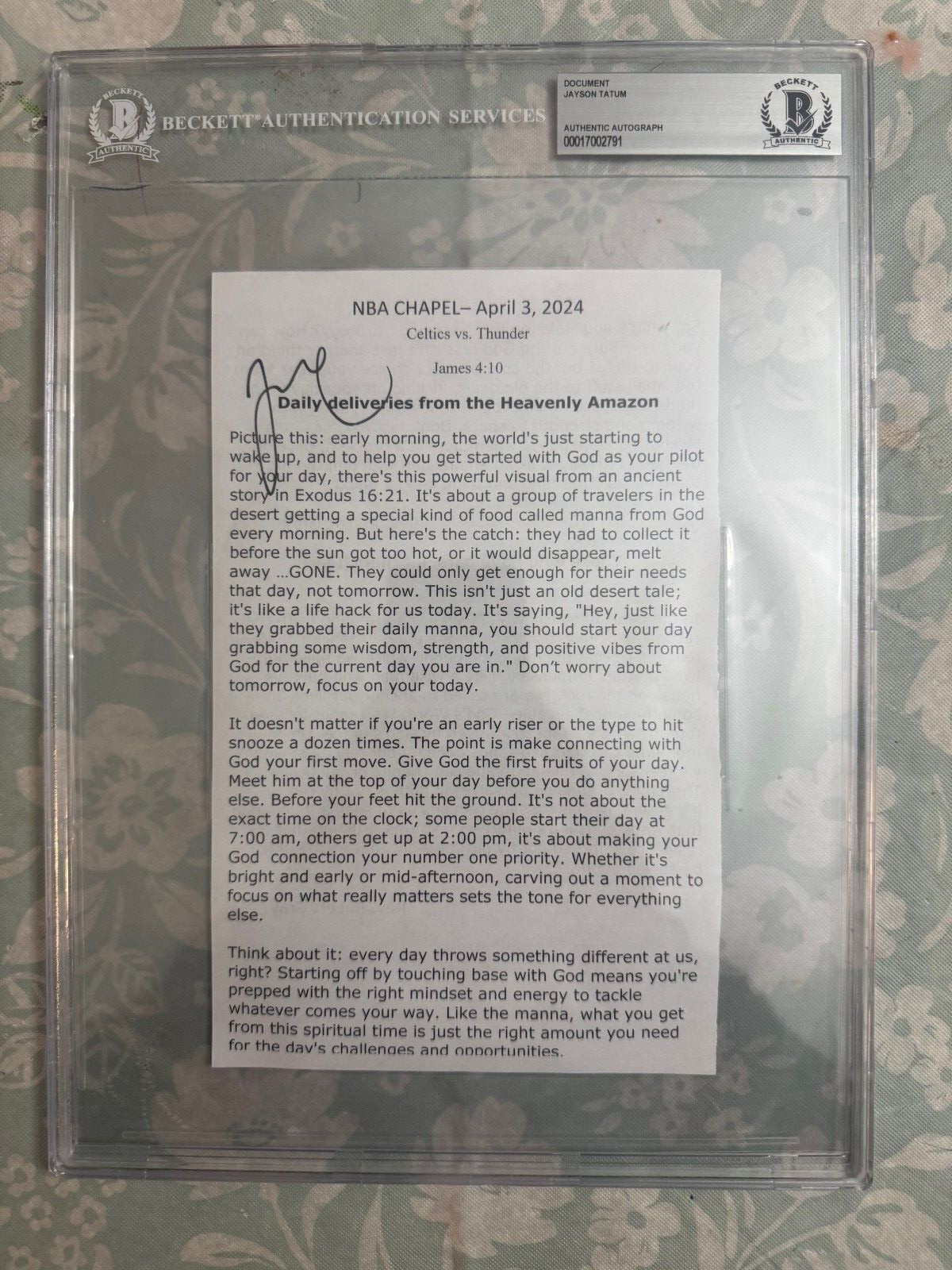 Boston Celtics Jayson Tatum signed ducment Pre Game Chapel Notes BAS slab Boston Celtics Jayson Tatum signed ducment Pre Game Chapel Notes BAS slab