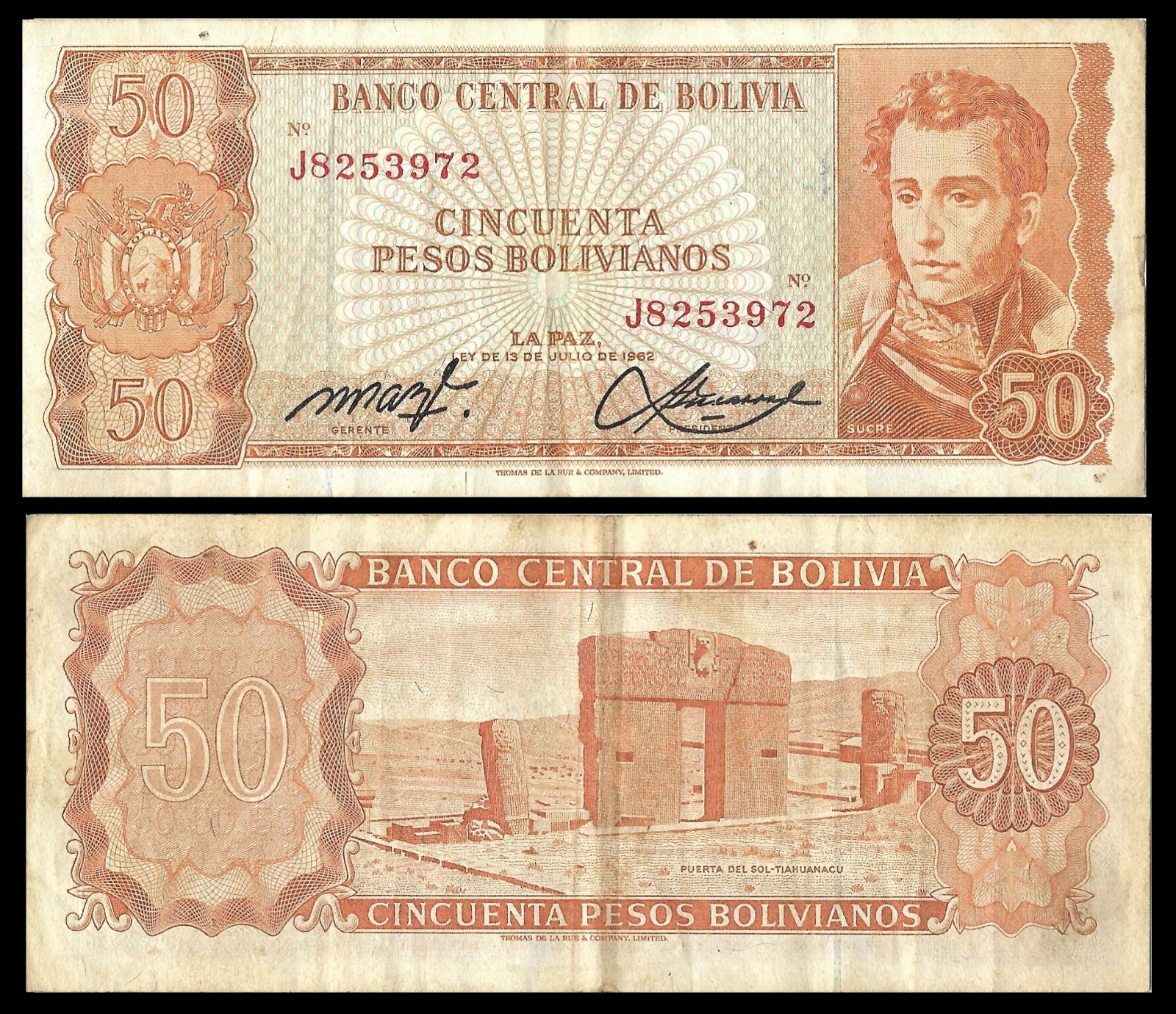 Bolivia P162, 50 Pesos Bolivianos, Sucre / Sun Gate 1970-80s
