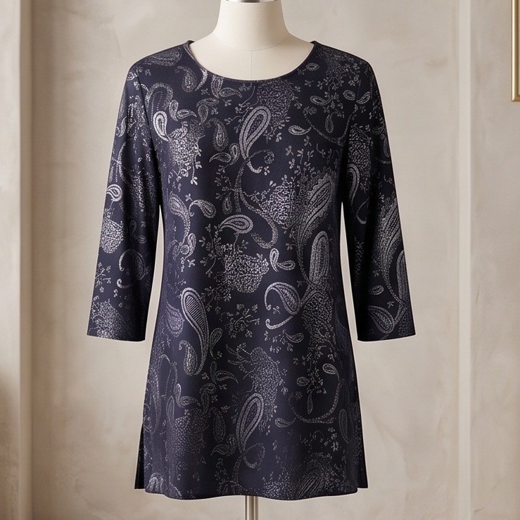 Chico\'s Easywear 2 Paisley Foil Shine Jacquard 3/4 Sleeve Top Purple Luxe NWT