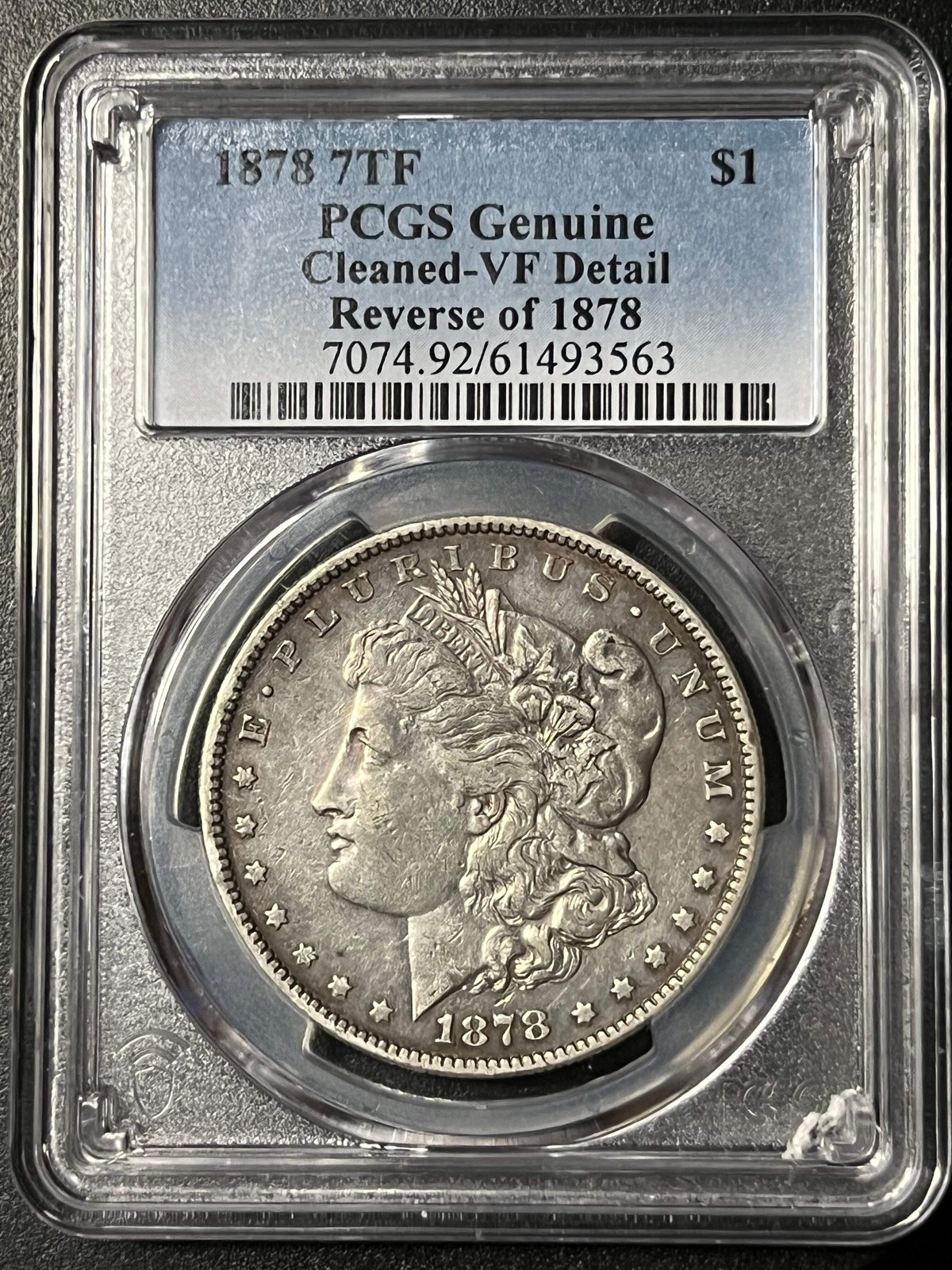 1878 7TF Morgan Silver Dollar — PCGS Genuine (Cleaned-VF Detail, Reverse of 1878