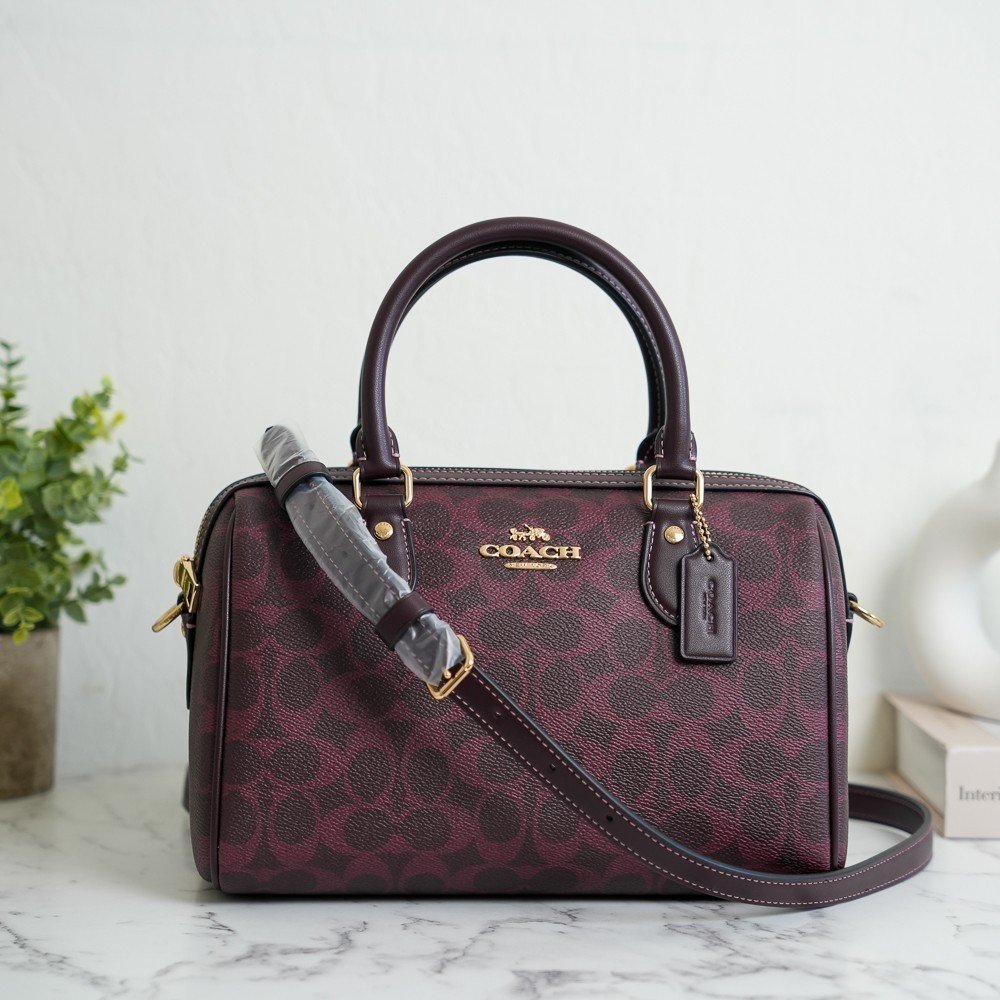 Coach CV961 Rowan Satchel Bag In Signature Canvas Gold/Black Currant NWT Coach CV961 Rowan Satchel Bag In Signature Canvas Gold/Black Currant NWT