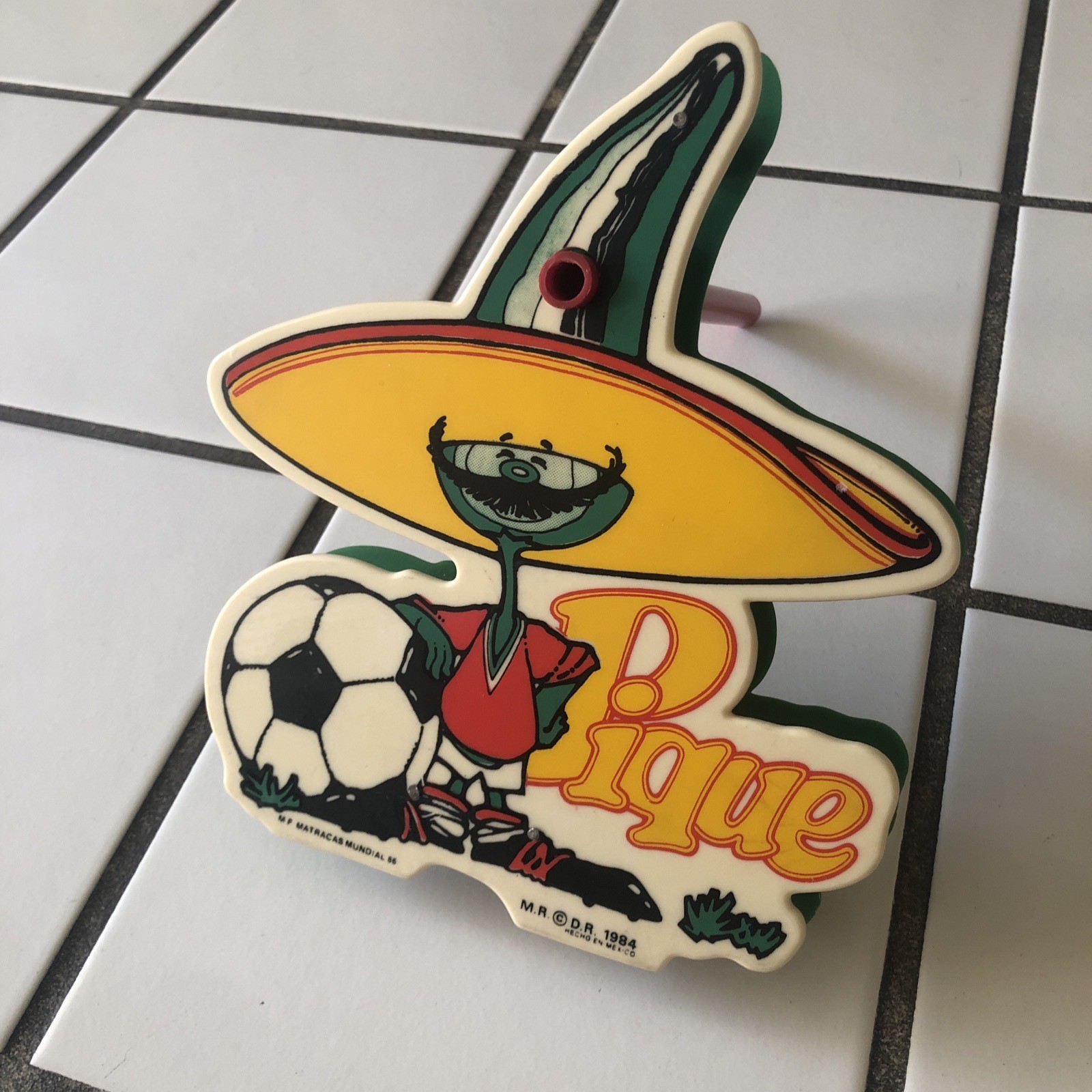 Vintage RARE 1986 Pique Mascot Mexico World Cup Rotary Noise Maker Wood Plastic Vintage RARE 1986 Pique Mascot Mexico World Cup Rotary Noise Maker Wood Plastic