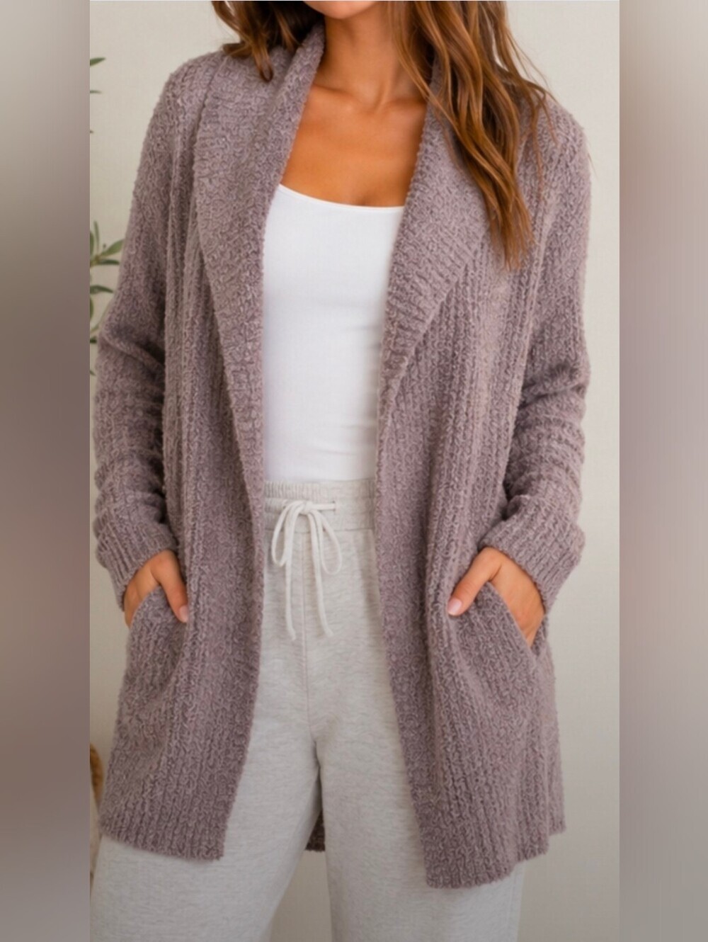 Barefoot Dreams CozyChic Lite Taupe Open Front Cardigan Shawl Collar Small
