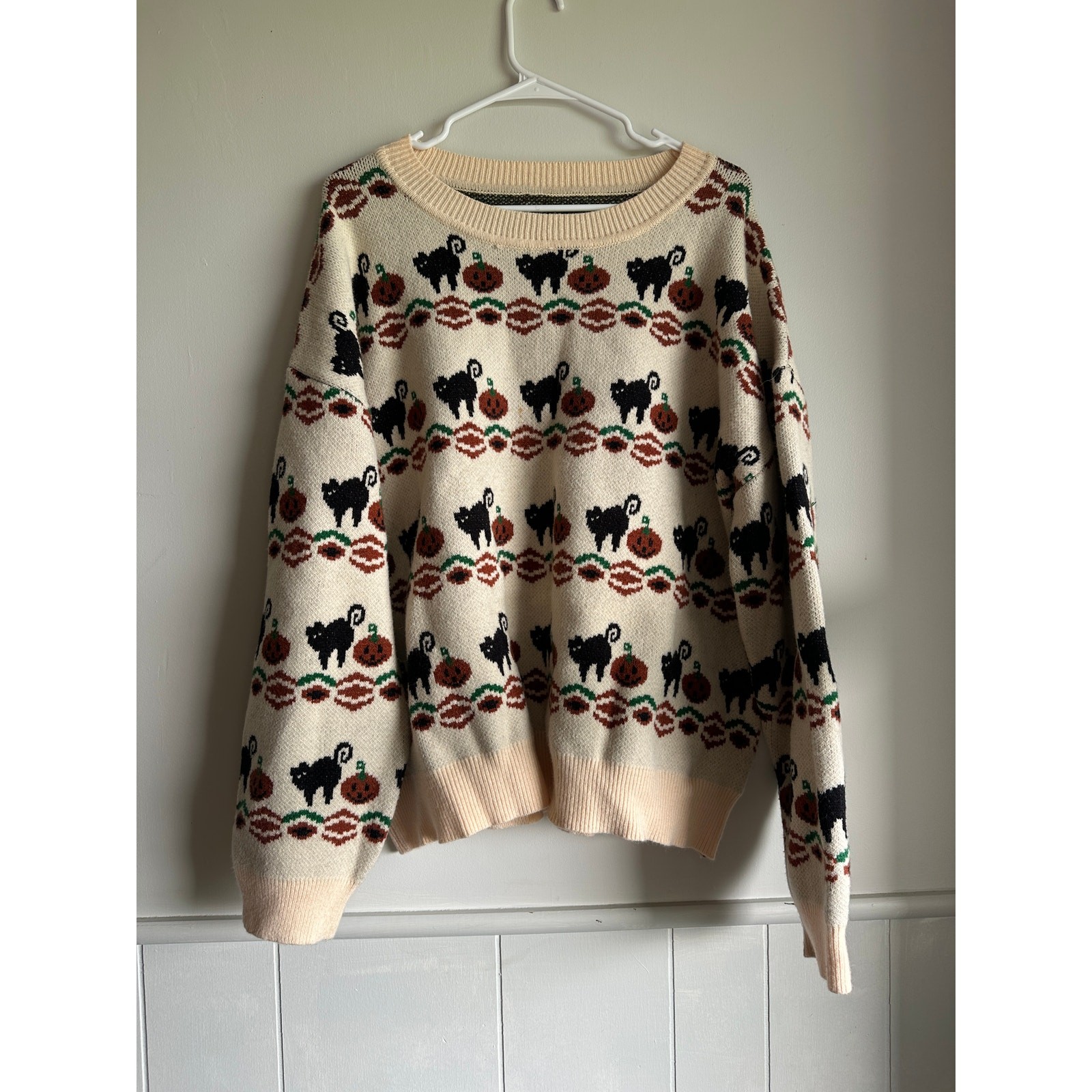 ROMWE XL Halloween Cat Pumpkin Knit Sweater Cream Black Orange Fall Pullover ROMWE XL Halloween Cat Pumpkin Knit Sweater Cream Black Orange Fall Pullover
