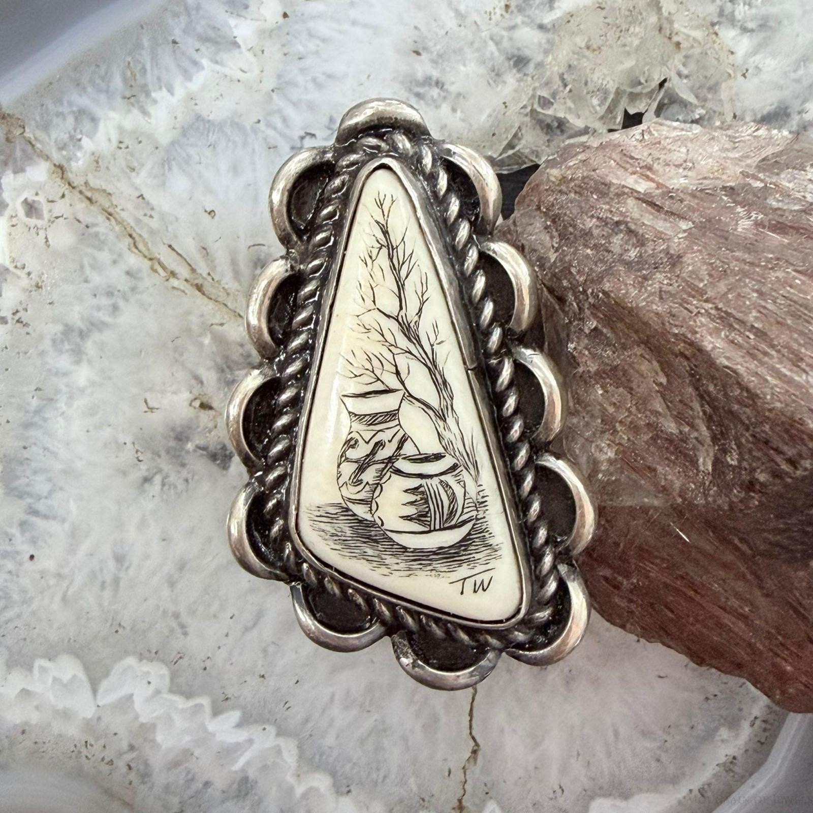 Vintage Native American Sterling Scrimshaw Style On Gemstone Ring Sz 8 For Women