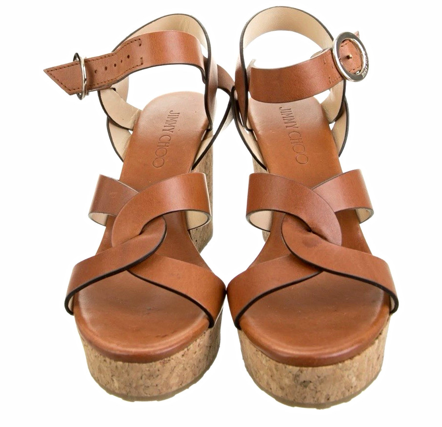 Jimmy Choo Women’s Brown Leather Wedge Sandals Ankle Strap Buckle 7 M Jimmy Choo Women’s Brown Leather Wedge Sandals Ankle Strap Buckle 7 M