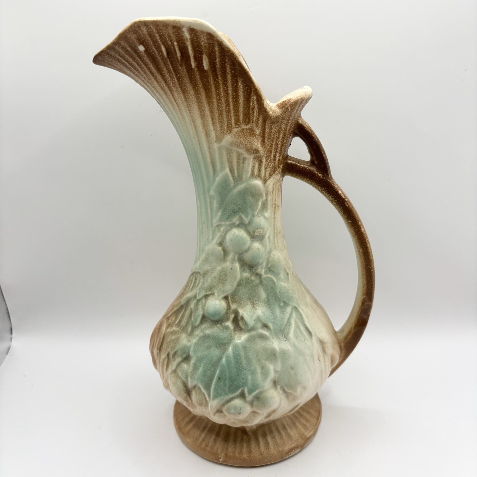 Vtg Mid-Century McCoy Pottery Ewer Pitcher Vase Grapes Brown Green