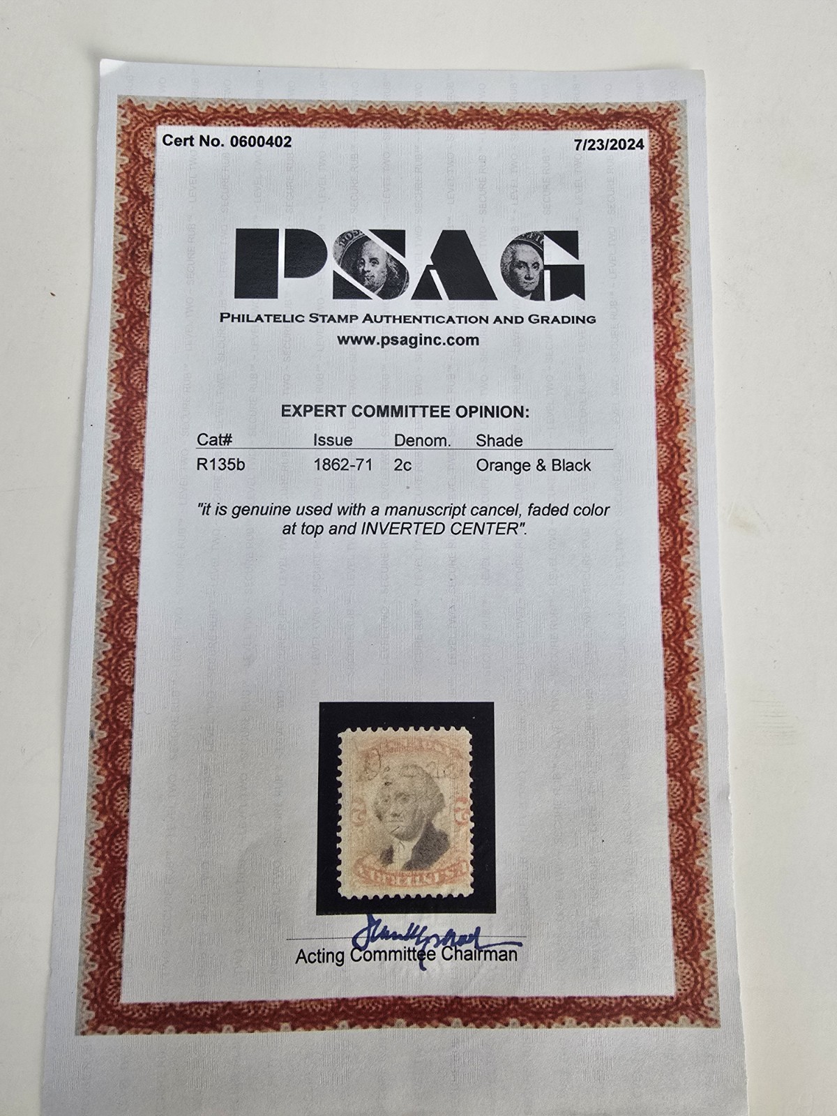 Joystamp: US STAMPS #R135b INVERTED CENTER REVENUE USED PSAG CERT Errors 