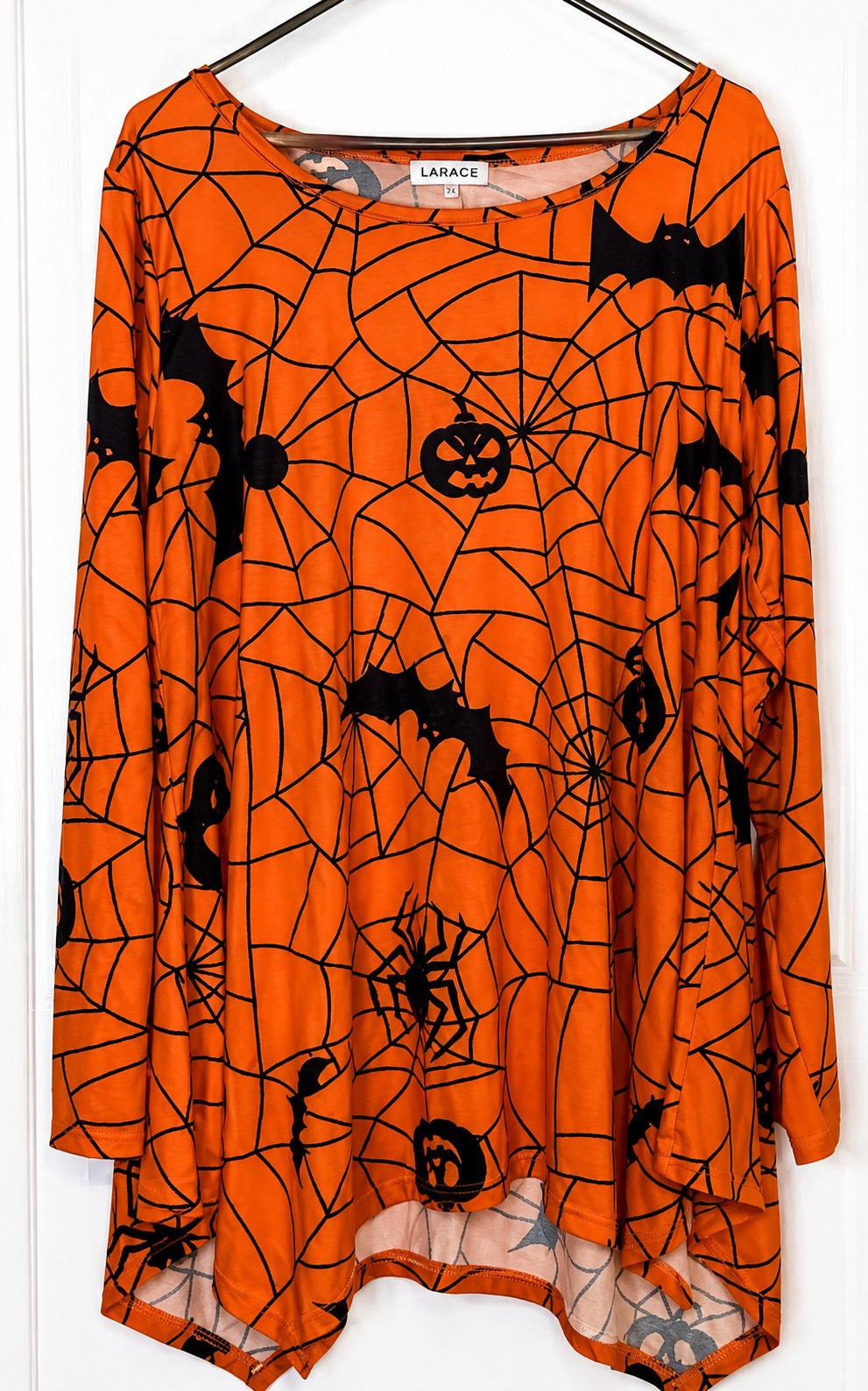 LARACE Women’s Tunic Top 2X Orange Black Halloween Pumpkins Bats Spiders