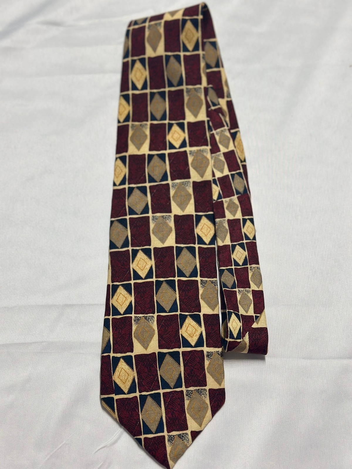 J.Z. Richards Men’s 100% Silk Tie Burgundy Gold Geometric Made in USA