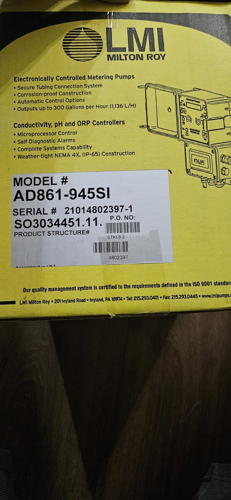 LMI MILTON ROY MODEL# AD861-945SI / 300 GALLON PER HOUR METERING PUMP LMI MILTON ROY MODEL# AD861-945SI / 300 GALLON PER HOUR METERING PUMP