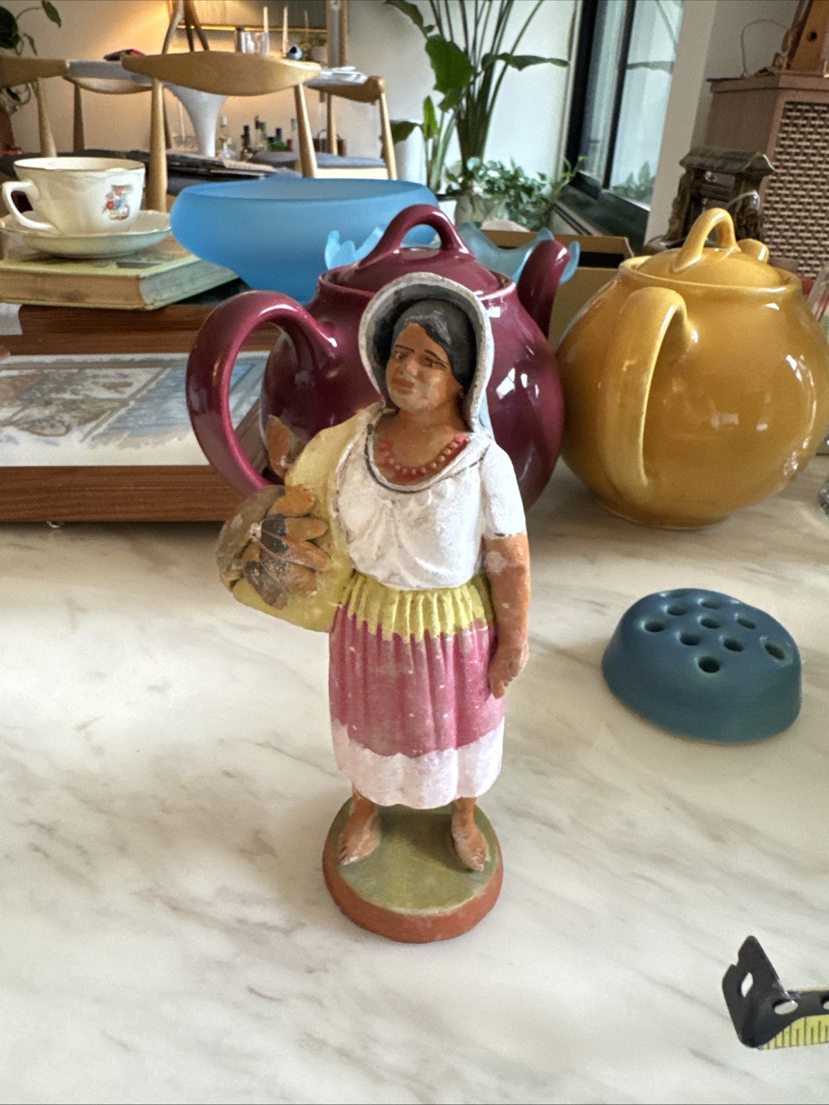Vintage Tlaquepaque Mexican Clay Figurine Hand Painted Folk Art Market Vendor 