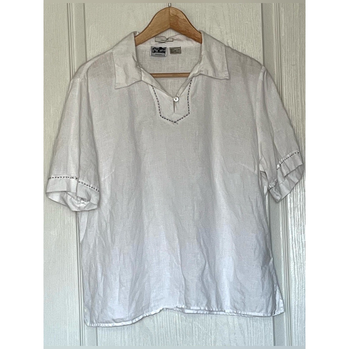 100% Irish Linen Edward Women\'s Size L White Contrast Stitch Popover Tunic Top