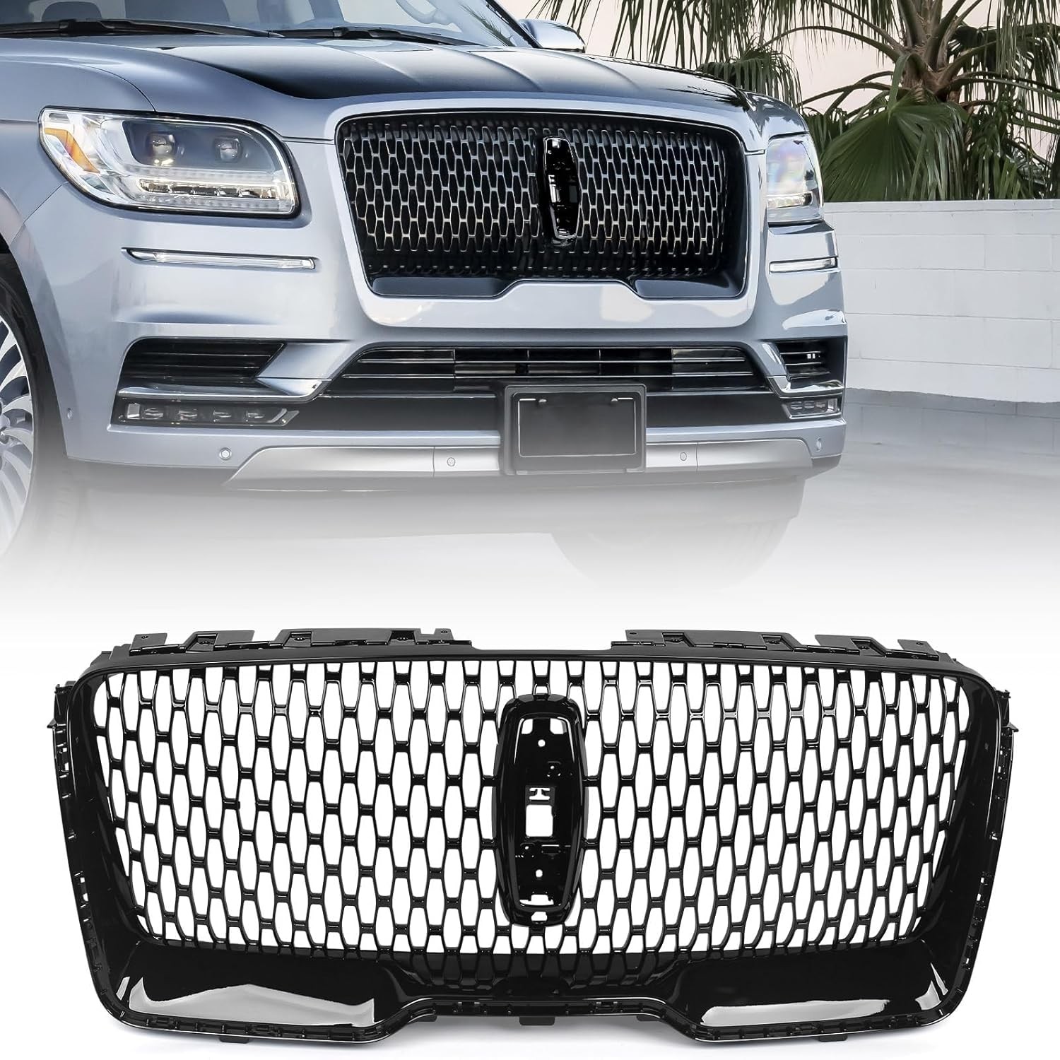 JOLONG Front Upper Grille Fit for Lincoln Navigator 2018-2021 Glossy Black