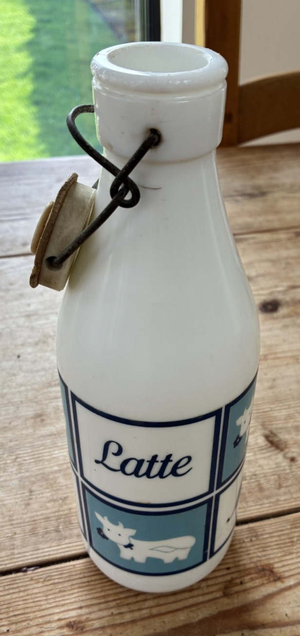 VINTAGE MILK LARGE GLASS BOTTLE 28cm TALL, swing top, Italian VINTAGE MILK LARGE GLASS BOTTLE 28cm TALL, swing top, Italian