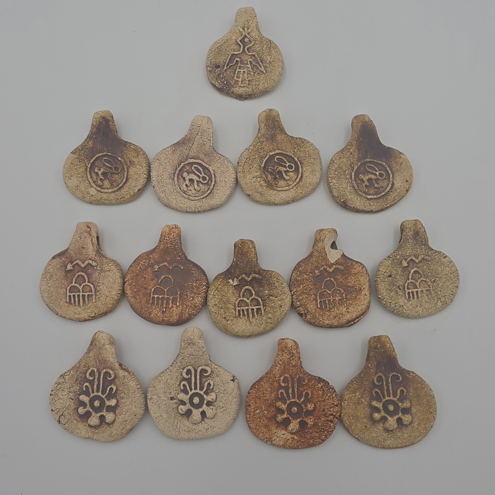14 Artisan Handmade Pottery Pendants Lot Southwest Petroglyph Symbols Clay Boho