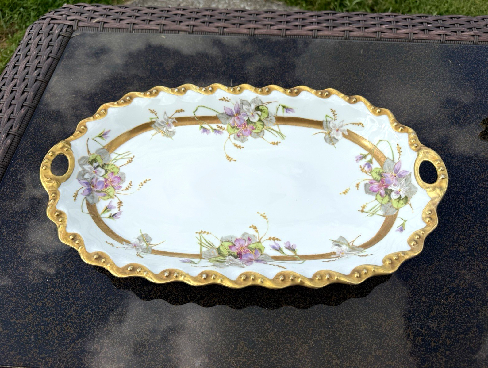 Antique Limoges France LDBC Flambeau Hand Painted Floral Gilt Serving Tray 17”