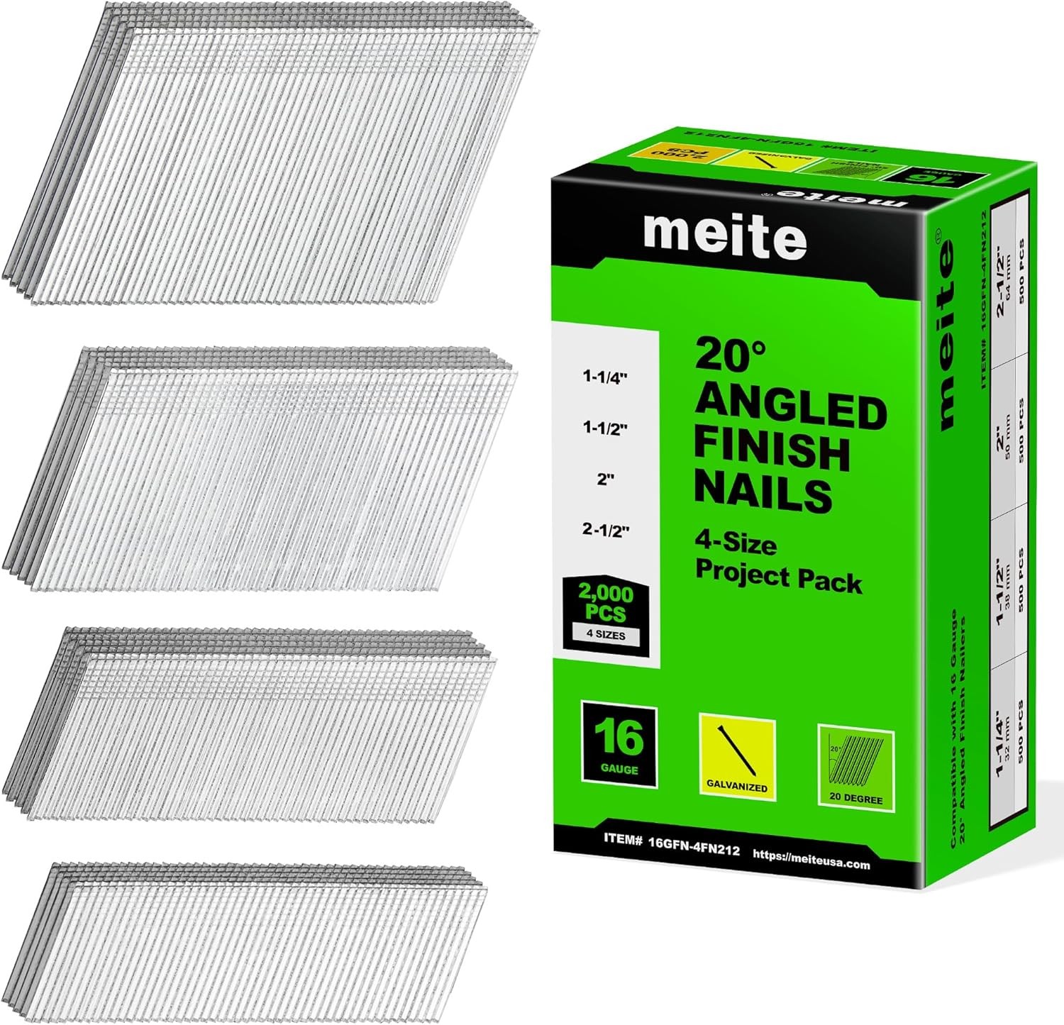 meite 16 Gauge Finish Nails 20 Degree Angled 4-Sizes Assorted Set Galvanized meite 16 Gauge Finish Nails 20 Degree Angled 4-Sizes Assorted Set Galvanized