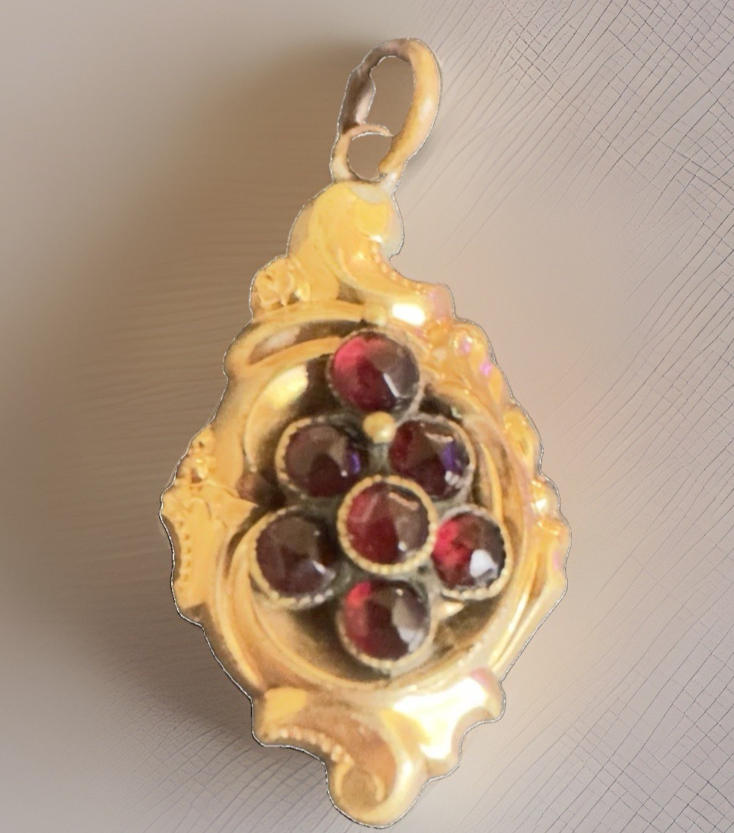 Antique Victorian Bohemian Garnet Pendant Brooch Gold Filled Repousse Rose Cut