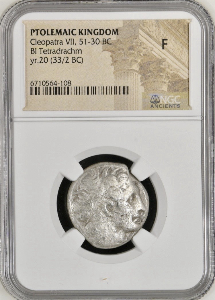 CLEOPATRA Egypt Pharaoh VII 33BC-32BC NGC Graded Fine Coin Ptolemy Genuine Rare