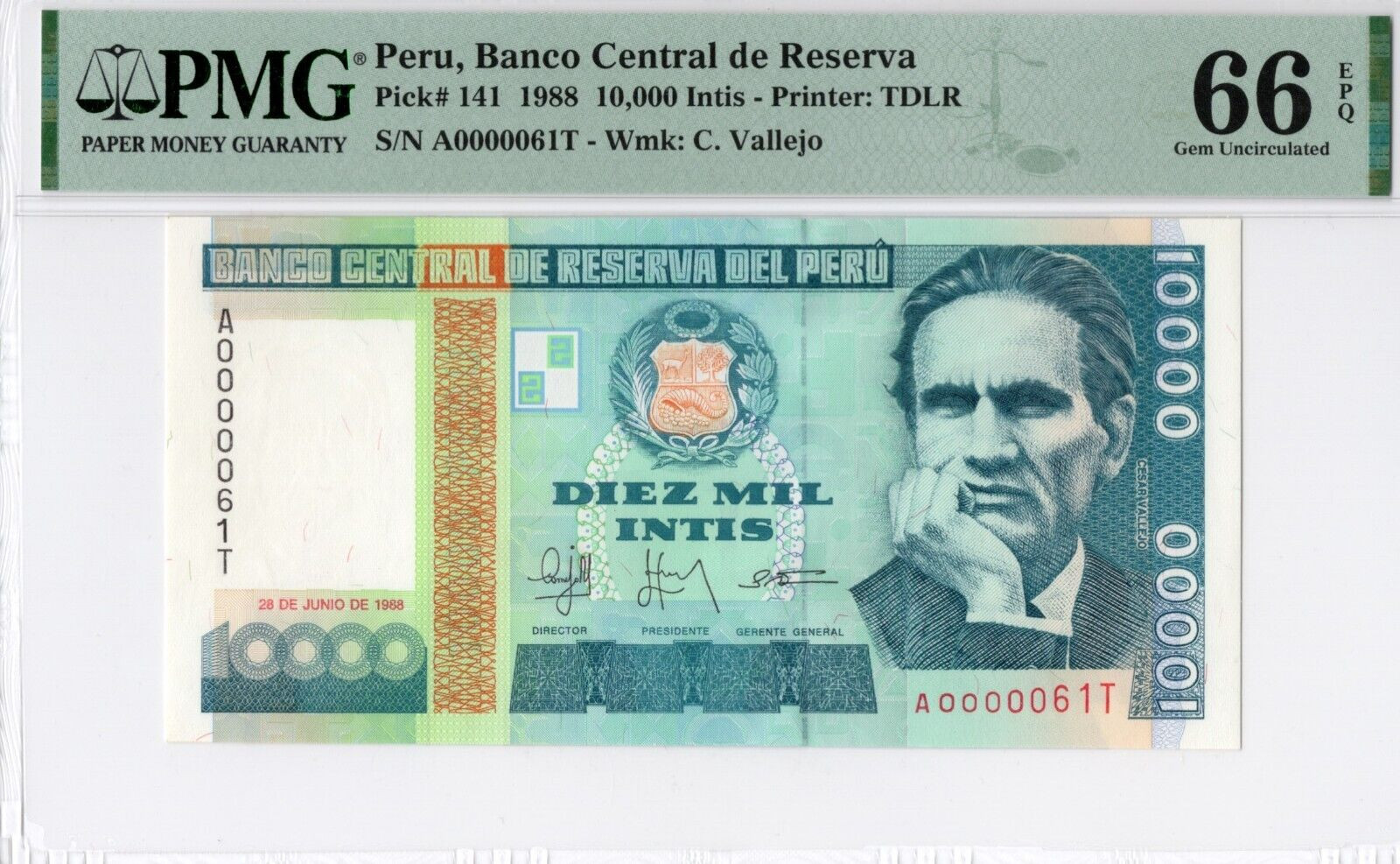 1988 Peru Diez Mil Intis Cesar Vallejo Note pick 141 PMG GEM UNC 66 EPQ🐉