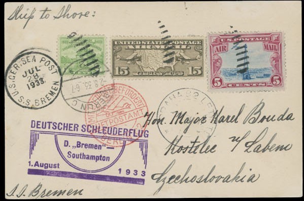 1933 USA-CATAPULT FLIGHT S.S. BREMEN CARD FROM NYC TO CZECHOSLOVAKIA